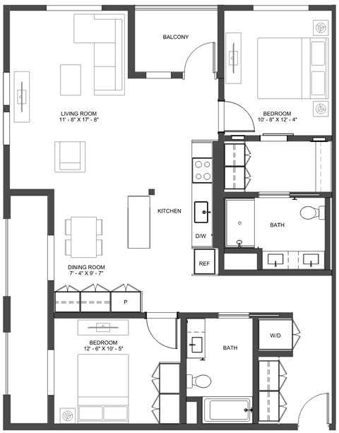 Floor plan for 2 beds, 2 baths, 1218 sqft